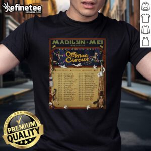 Official Madilyn Mei The One Man Circus Tour 2025 poster on a T-shirt, featuring vibrant graphics and tour details.
