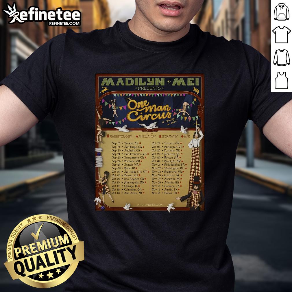 Official Madilyn Mei The One Man Circus Tour 2025 poster on a T-shirt, featuring vibrant graphics and tour details.