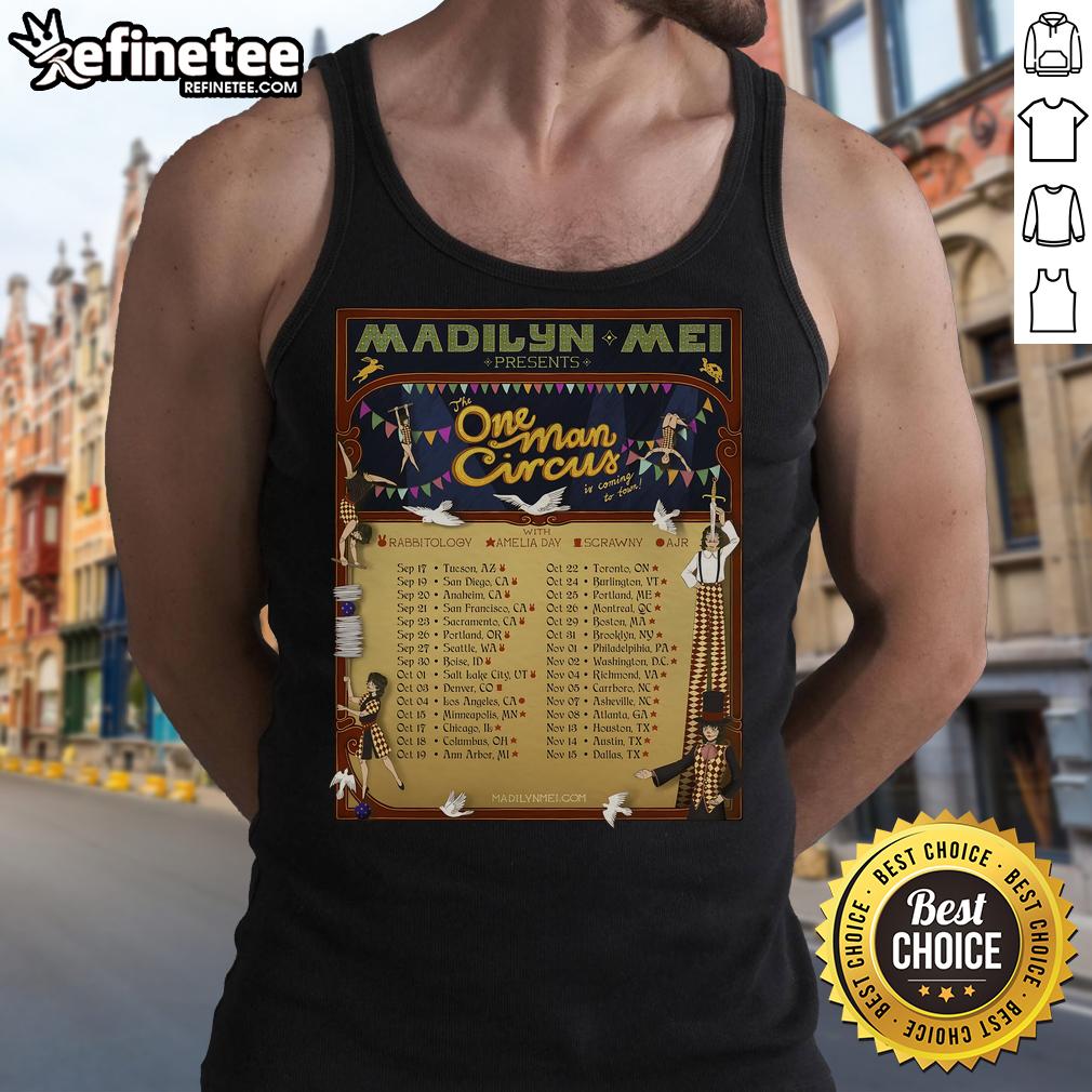 Alt Text: Official Madilyn Mei 'The One Man Circus' tour 2025 poster featuring a vibrant tank top design and circus elements.