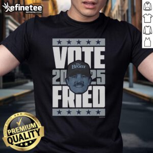 Official Max Fried 2025 Vote T-Shirt featuring bold graphics and vibrant colors promoting the upcoming election.