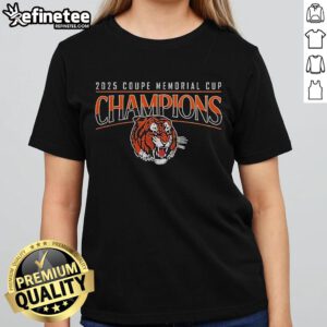 Official Medicine Hat Tigers Champions Memorial Cup 2025 ladies tee featuring team logo and stylish design.