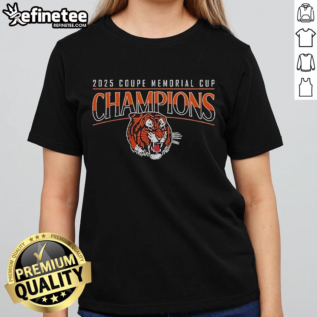 Official Medicine Hat Tigers Champions Memorial Cup 2025 ladies tee featuring team logo and stylish design.