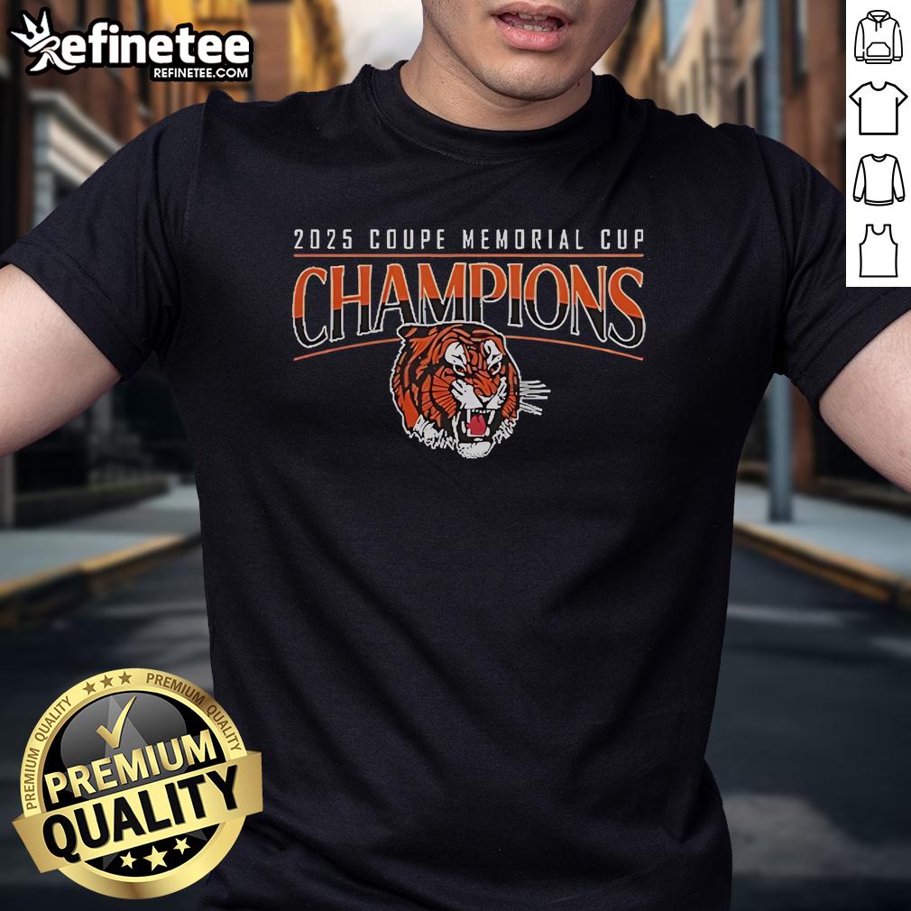 Official Medicine Hat Tigers Champions Memorial Cup 2025 T-Shirt featuring team logo and celebratory design.