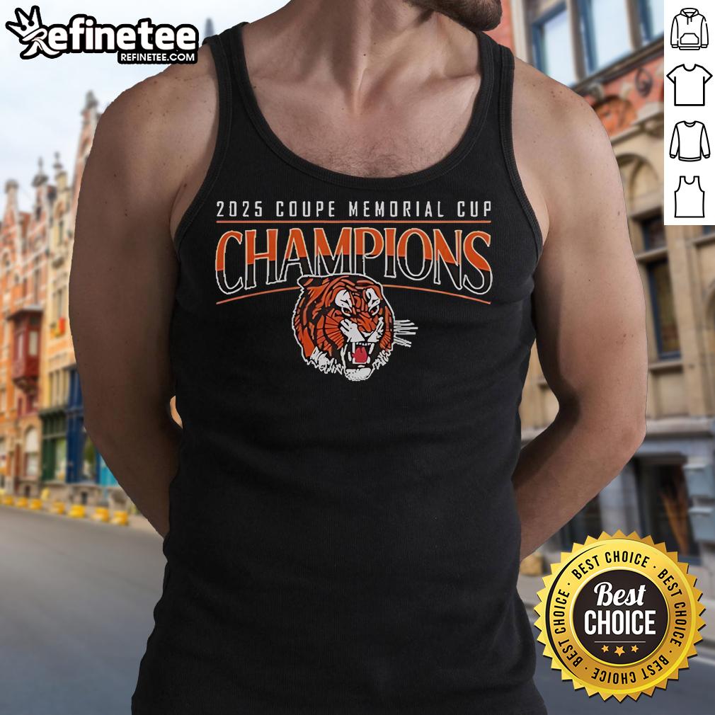 Official Medicine Hat Tigers Champions Memorial Cup 2025 tank top featuring team logo and vibrant design.