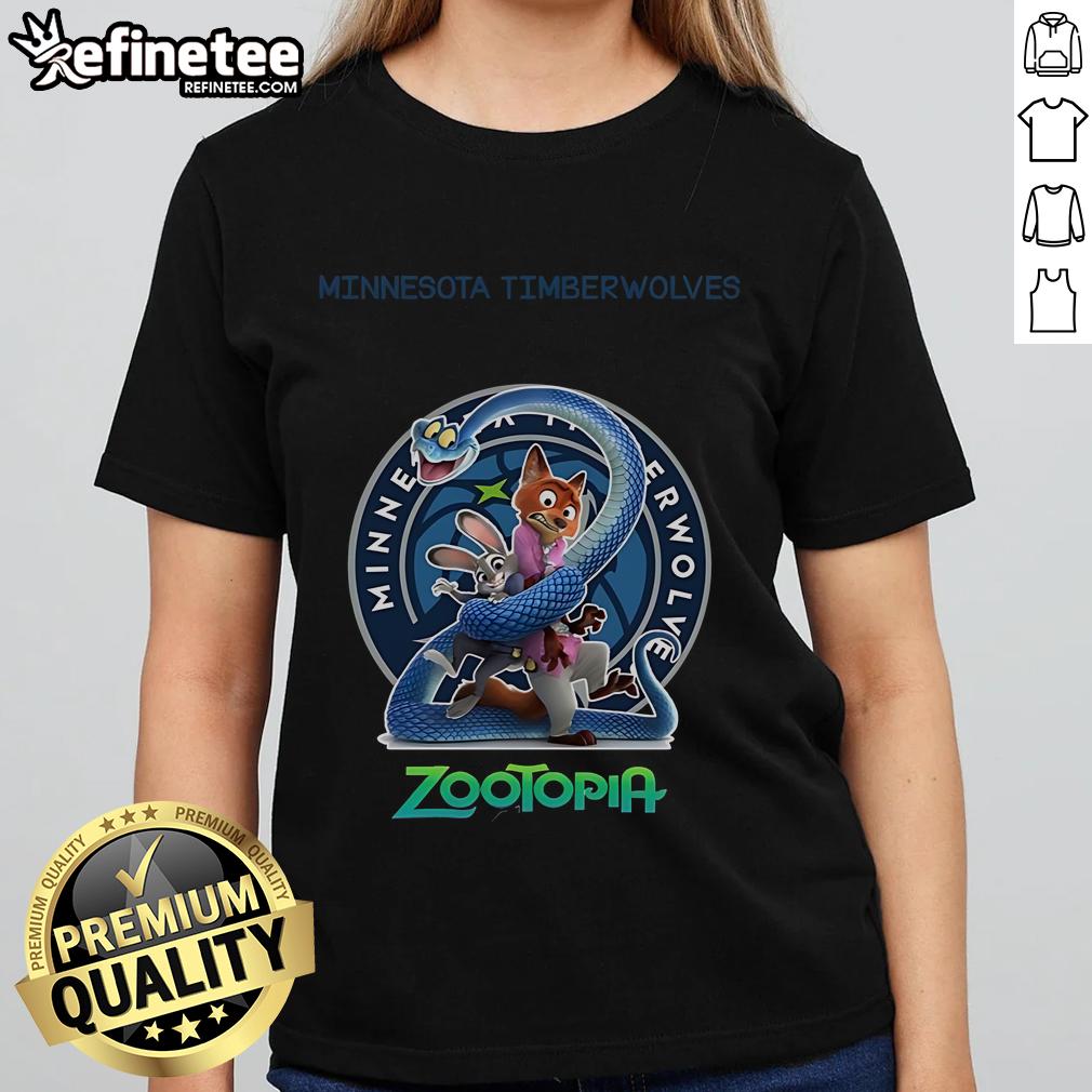 Official Minnesota Timberwolves Zootopia 2 ladies tee featuring vibrant graphics and comfortable fit for fans.