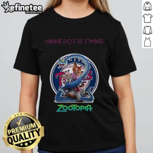 Official Minnesota Twins Zootopia 2 Ladies Tee featuring vibrant graphics and a stylish fit for fans and fashion lovers.