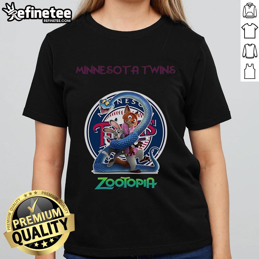 Official Minnesota Twins Zootopia 2 Ladies Tee featuring vibrant graphics and a stylish fit for fans and fashion lovers.