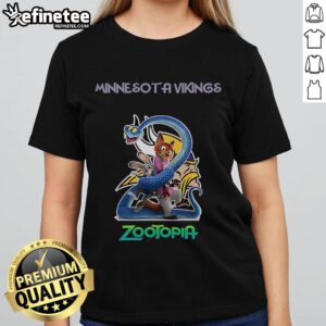 Official Minnesota Vikings Zootopia 2 Ladies Tee featuring vibrant graphics and comfortable fit for fans.