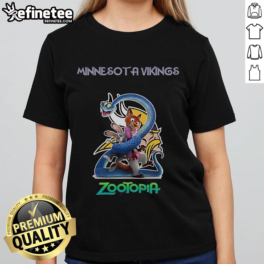 Official Minnesota Vikings Zootopia 2 Ladies Tee featuring vibrant graphics and comfortable fit for fans.