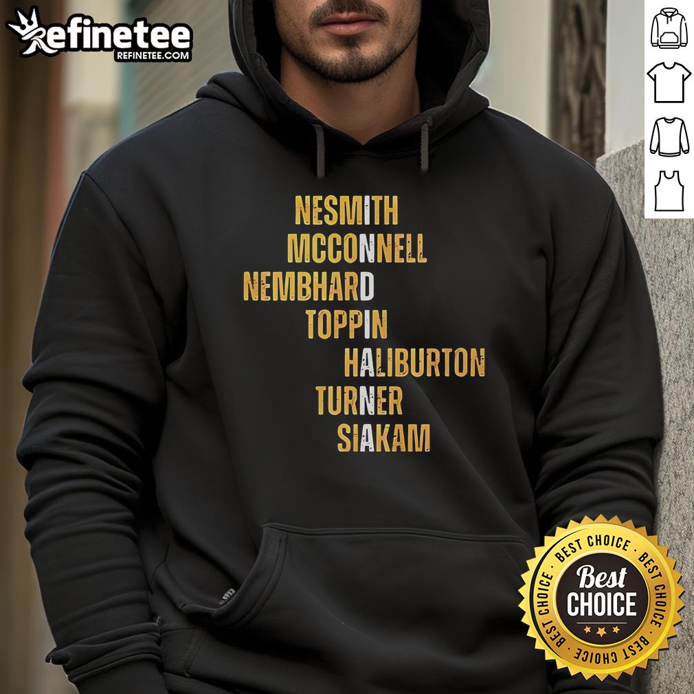 Official Nesmith McConnell Nembhard Toppin Haliburton Turner Siakam Names Hoodie featuring player names and vibrant design.