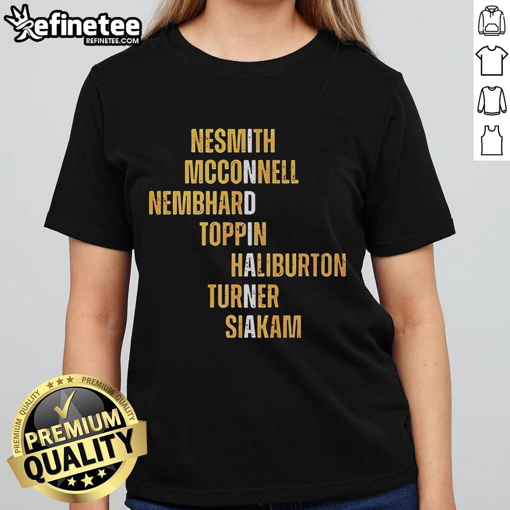 Official Nesmith McConnell Nembhard Toppin Haliburton Turner Siakam Names Ladies Tee featuring vibrant team graphics.