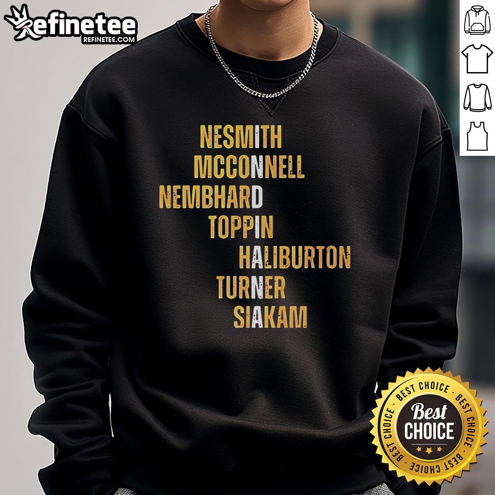Official sweatshirt featuring Nesmith, McConnell, Nembhard, Toppin, Haliburton, Turner, and Siakam names for fans.
