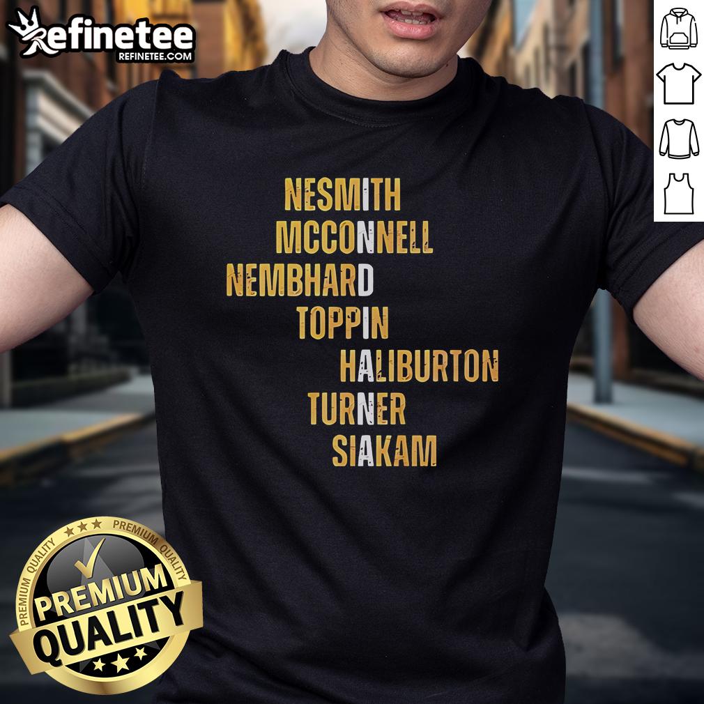 Official Nesmith McConnell Nembhard Toppin Haliburton Turner Siakam Names T-Shirt featuring popular basketball player names.