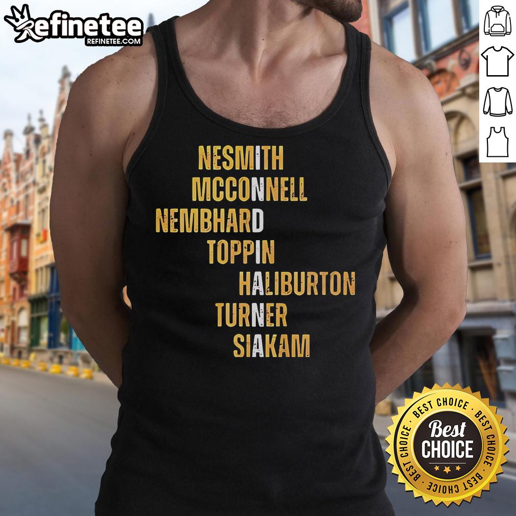 Official Nesmith McConnell Nembhard Toppin Haliburton Turner Siakam tank top featuring player names and team colors.