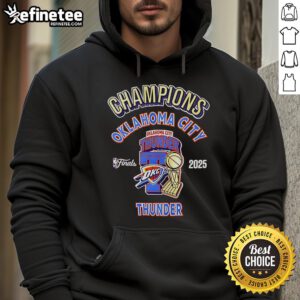 Alt Text: Official OKC Thunder 2025 NBA Champions Pro Hoodie showcasing team logo and vibrant design for fans.