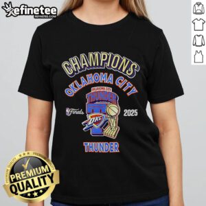 Official OKC Thunder 2025 NBA Champions Pro Ladies Tee showcasing team colors and logo for fans and supporters.