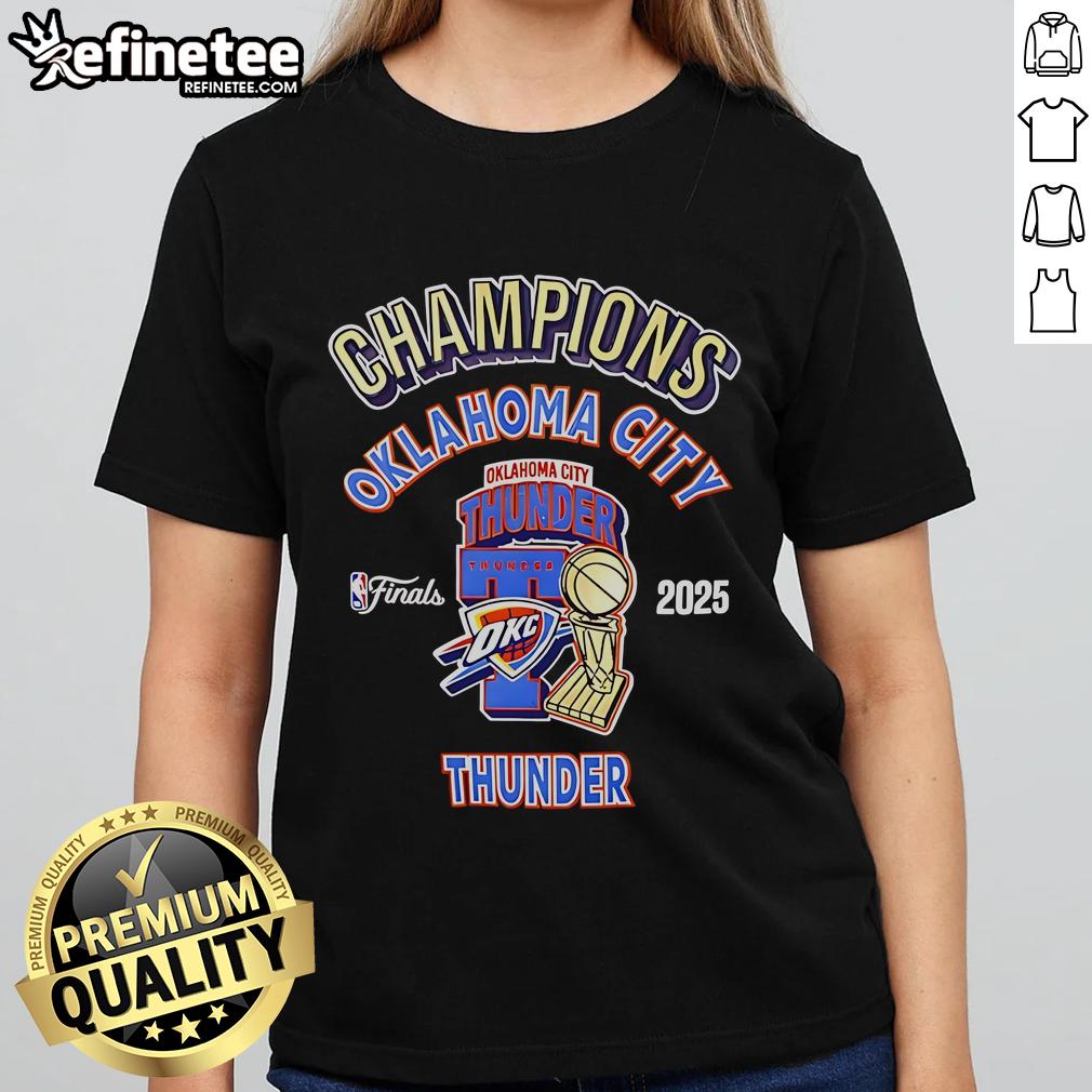 Official OKC Thunder 2025 NBA Champions Pro Ladies Tee showcasing team colors and logo for fans and supporters.
