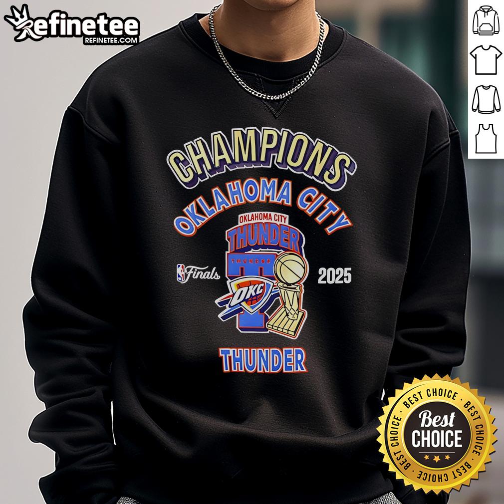 Official OKC Thunder 2025 NBA Champions Pro Sweatshirt featuring team colors and logo, perfect for fans celebrating victory.