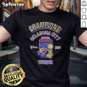 Official OKC Thunder 2025 NBA Champions Pro T-Shirt featuring bold team logo and vibrant colors, perfect for fans.