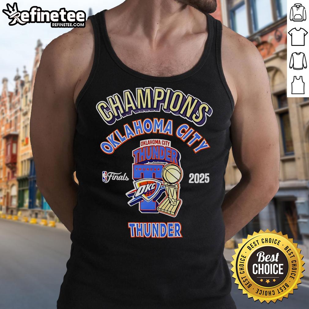 Official OKC Thunder 2025 NBA Champions Pro Tank Top featuring team logo and vibrant colors for fans and athletes.