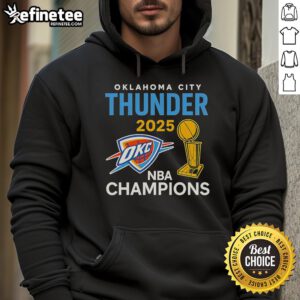Official OKC Thunder 2025 NBA Champions trophy hoodie featuring team colors and logo, perfect for fans.