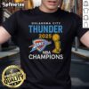 Official OKC Thunder 2025 NBA Champions trophy t-shirt featuring team logo and celebratory design, perfect for fans.