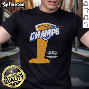 Alt Text: Official OKC Thunder Champs 2024-2025 Season Trophy T-Shirt featuring vibrant team colors and logo design.
