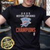 Official Oklahoma City Thunder 2025 NBA Western Conference Champions locker room t-shirt featuring team logo and colors.