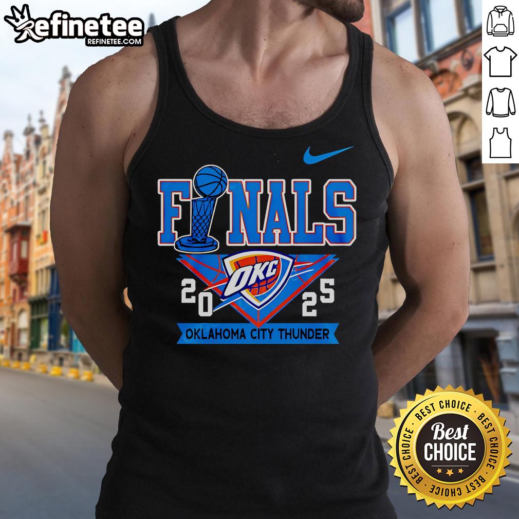 Official Oklahoma City Thunder NBA Finals 2025 playoff tank top showcasing team colors and logo for fans.