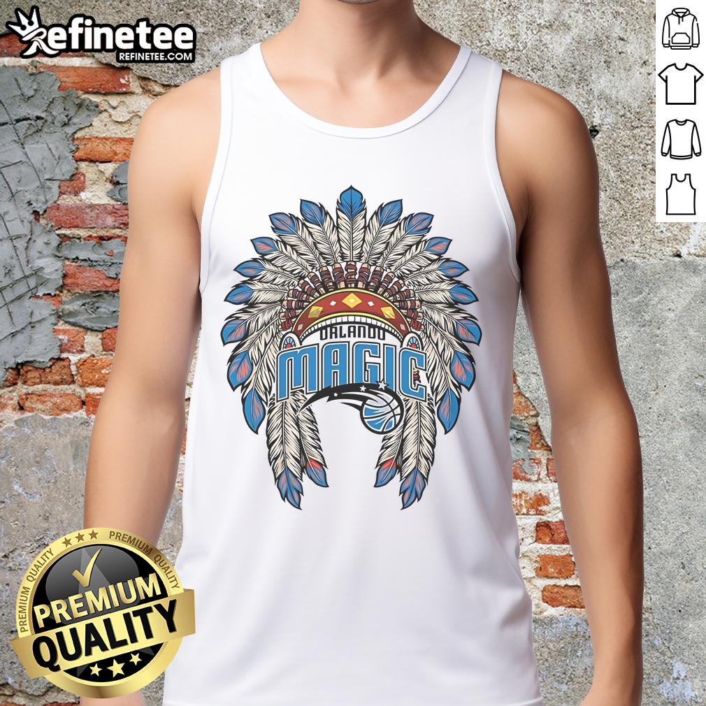 Official Orlando Magic Native American logo tank top showcasing a vibrant design perfect for basketball fans.