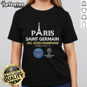 Official Paris Saint-Germain UCL Champions 2025 Ladies Tee featuring team colors and logo, perfect for fans.
