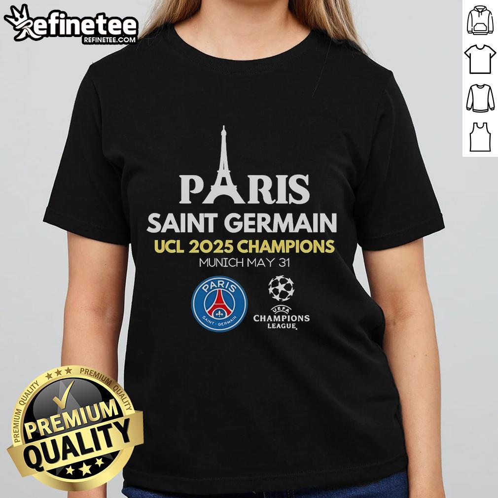 Official Paris Saint-Germain UCL Champions 2025 Ladies Tee featuring team colors and logo, perfect for fans.