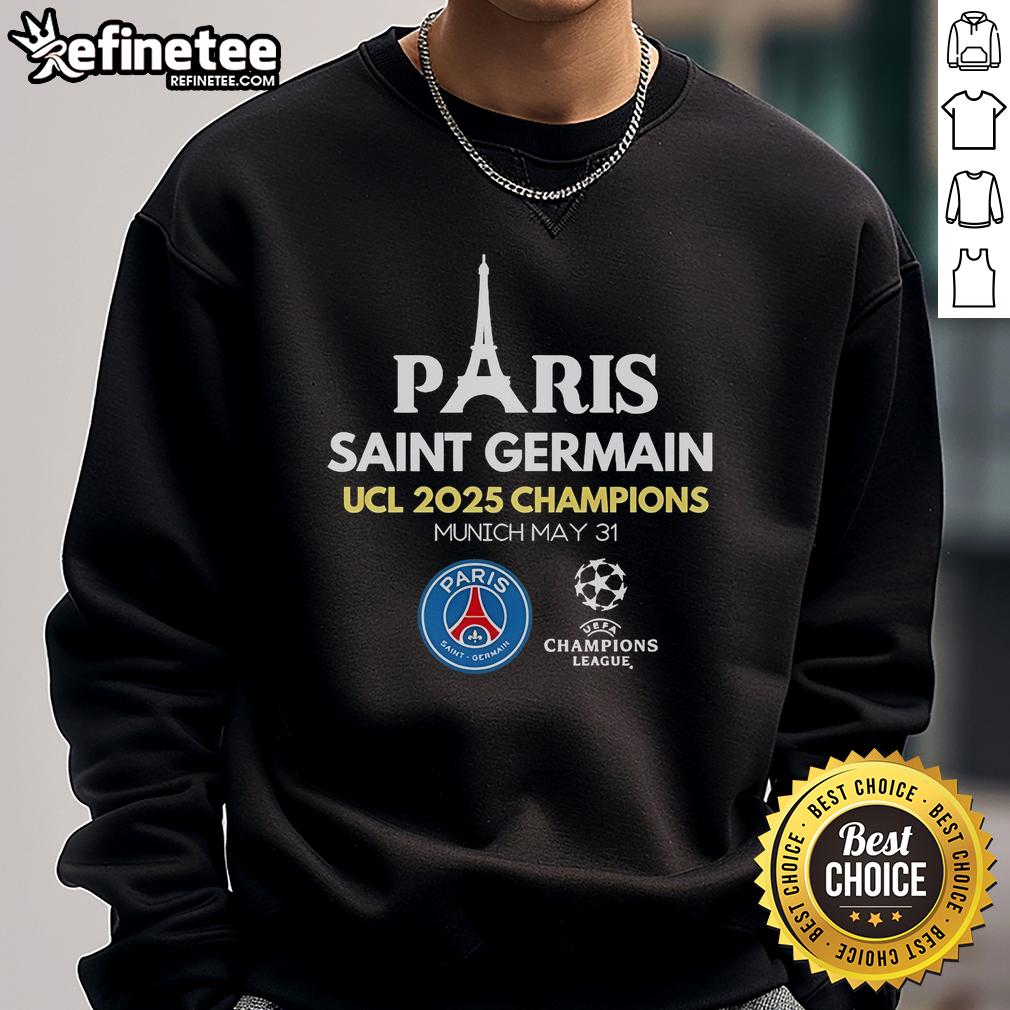 Official Paris Saint-Germain UCL Champions 2025 Sweatshirt featuring team logo and vibrant colors, perfect for fans.