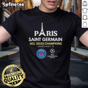 Alt Text: Official Paris Saint Germain UCL Champions 2025 T-Shirt featuring the club logo and celebratory design.