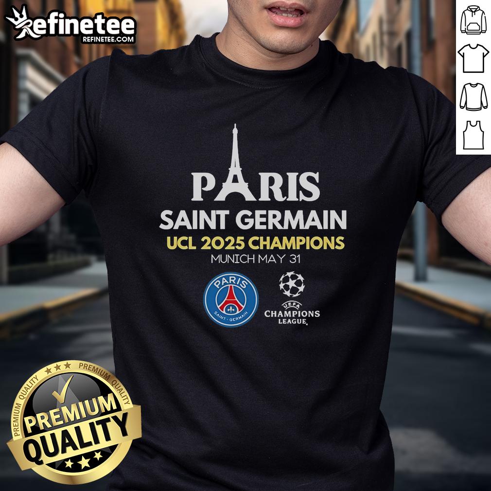Alt Text: Official Paris Saint Germain UCL Champions 2025 T-Shirt featuring the club logo and celebratory design.