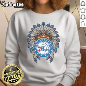 Official Philadelphia 76ers Native American Logo Sweatshirt showcasing vibrant team colors and unique design.