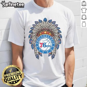 Official Philadelphia 76ers Native American logo t-shirt featuring vibrant design and team colors for fans.