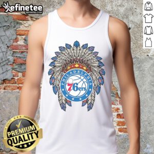 Alt Text: Official Philadelphia 76ers Native American logo tank top featuring vibrant colors and stylish design for fans.