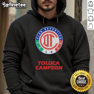 Alt Text: Official Toluca Diablos Rojos hoodie with round neck and champion shield design, perfect for fans.