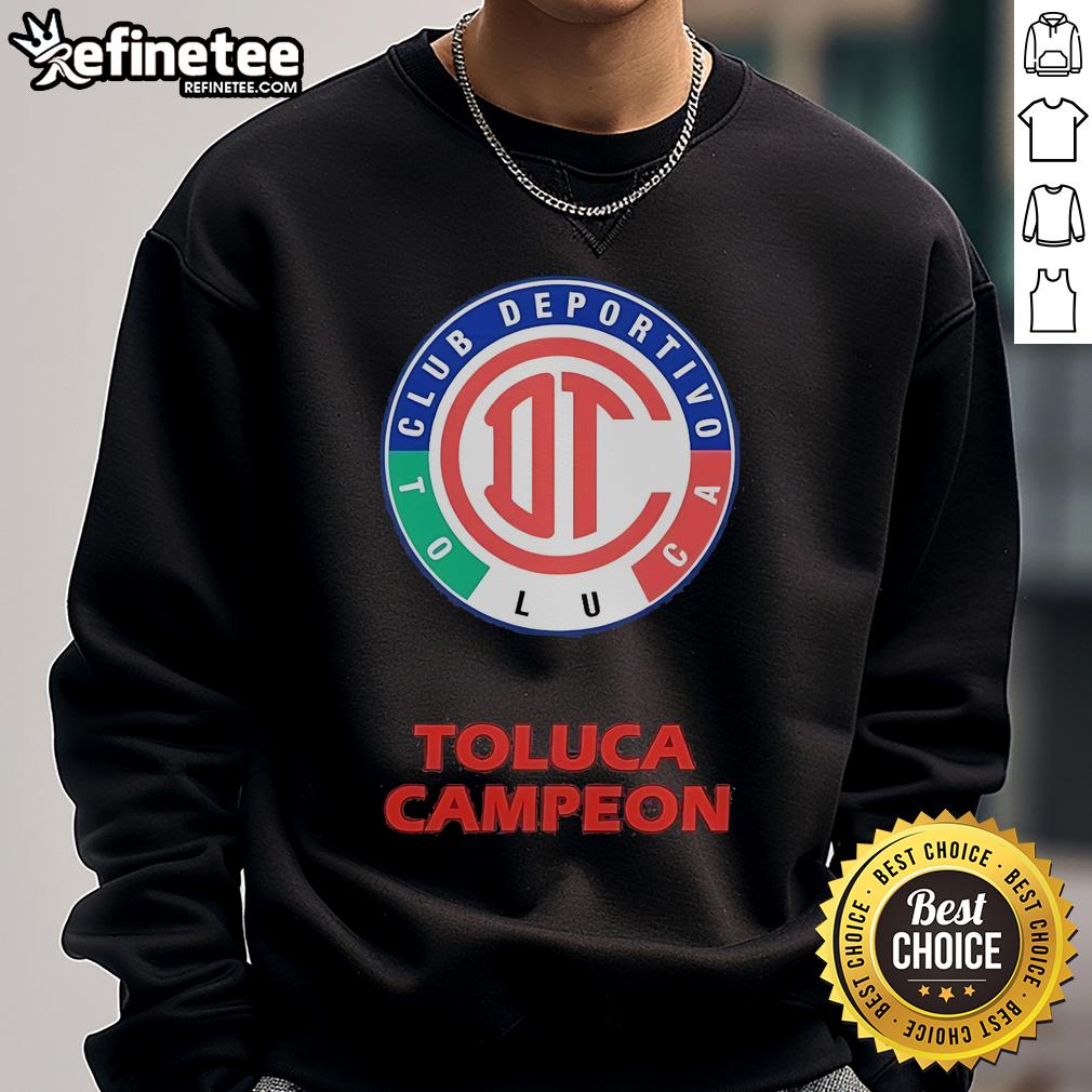 Official Toluca Diablos Rojos sweatshirt featuring round neck and champion emblem for fans of the team.
