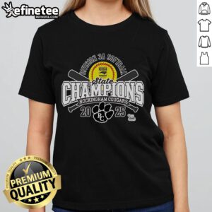 Alt Text: Rockingham County Cougars 2025 NCHSAA Women's 3A Softball State Champions Ladies Tee shirt with team logo.