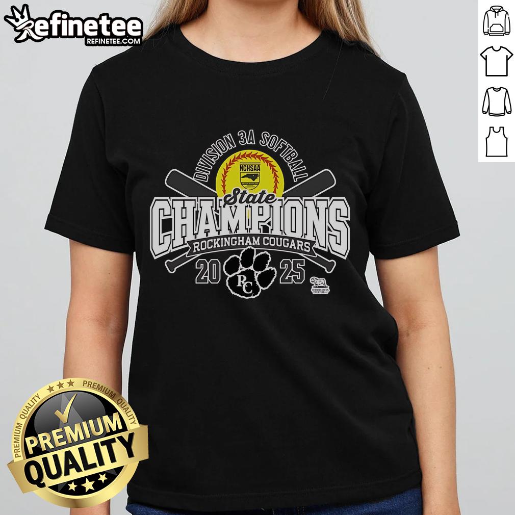 Alt Text: Rockingham County Cougars 2025 NCHSAA Women's 3A Softball State Champions Ladies Tee shirt with team logo.