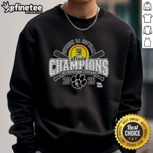 Rockingham County Cougars 2025 NCHSAA Women's 3A Softball State Champions sweatshirt showcasing team pride and victory.