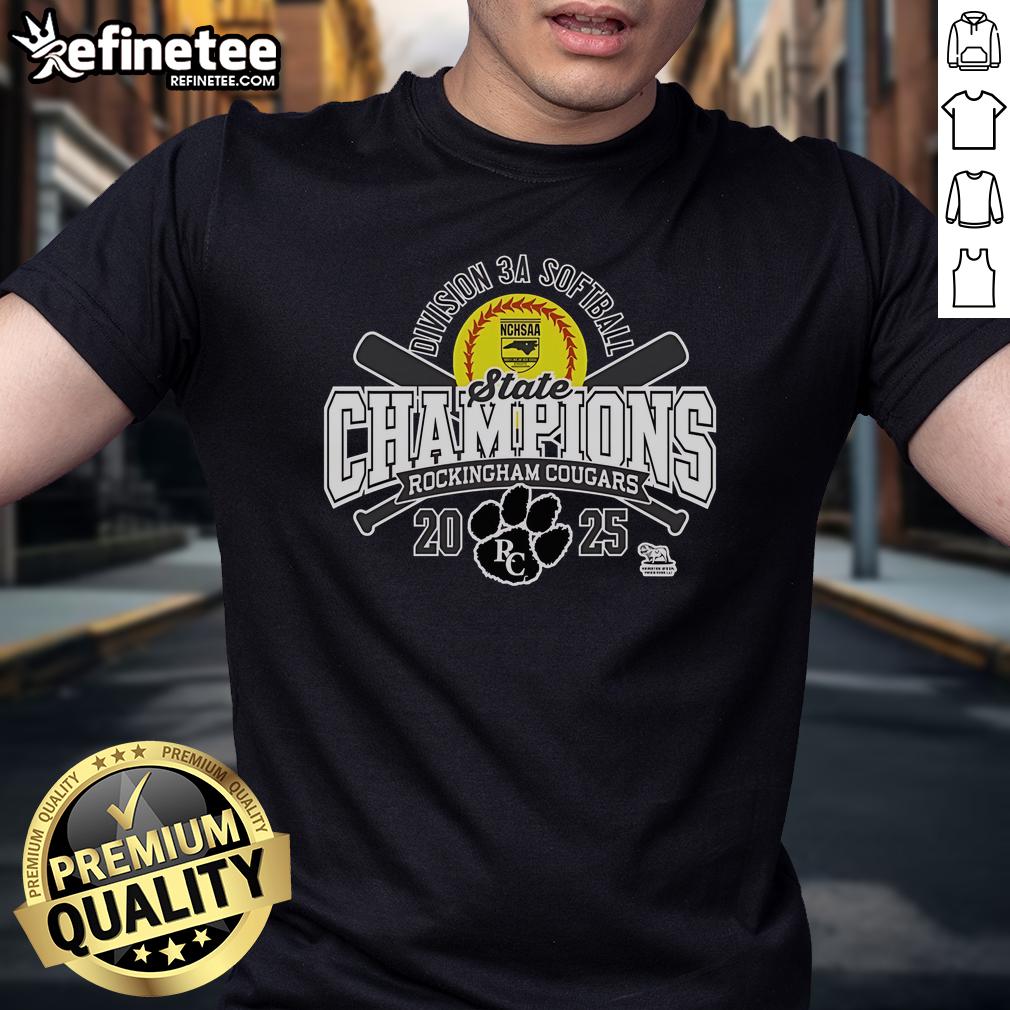 Alt Text: Rockingham County Cougars 2025 NCHSAA Women's 3A Softball State Champions T-Shirt design featuring team colors and logo.