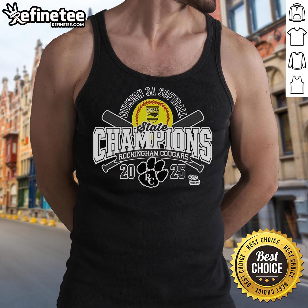 Alt Text: Official Rockingham County Cougars 2025 NCHSAA Women's 3A Softball State Champions tank top display.