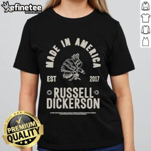 Alt Text: Official Russell Dickerson Made In America Est 2017 Bird Ladies Tee featuring a stylish bird graphic design.