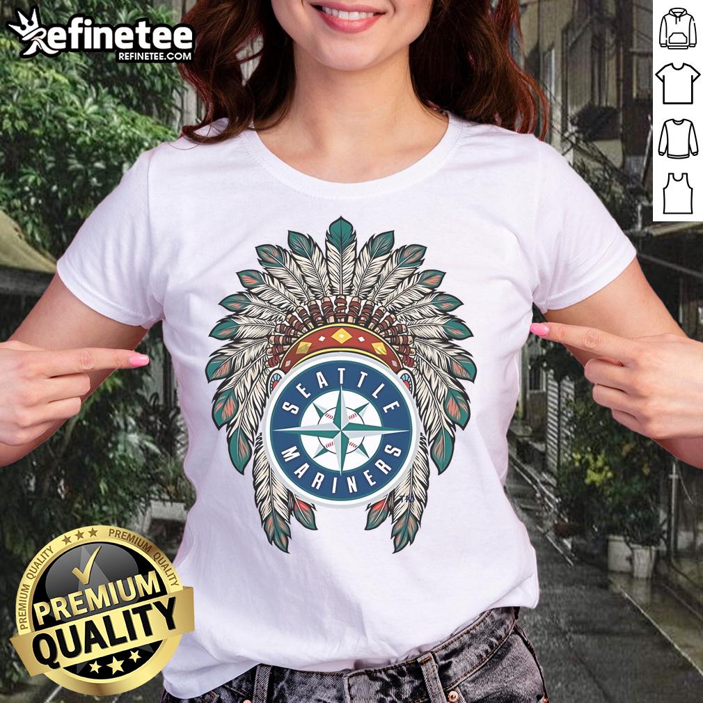 Official Seattle Mariners Native American logo on a women's tee, showcasing team spirit and unique design.