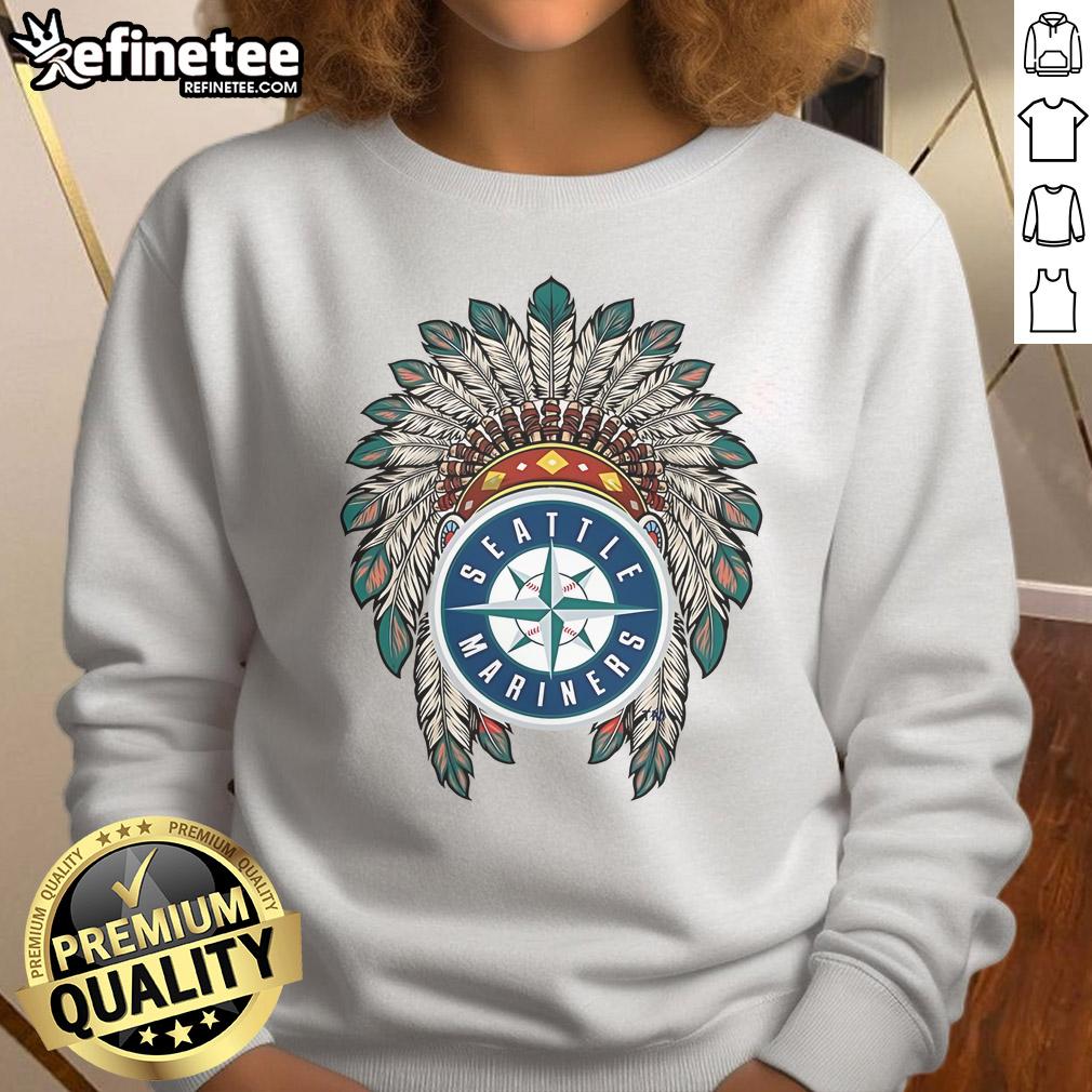 Alt Text: Official Seattle Mariners Native American logo sweatshirt featuring vibrant colors and a stylish design for fans.