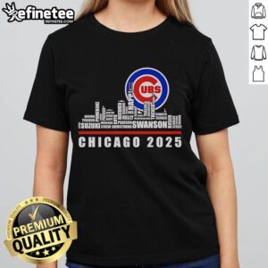 Official Chicago Cubs 2025 ladies tee featuring a stylish skyline design, perfect for fans and casual wear.