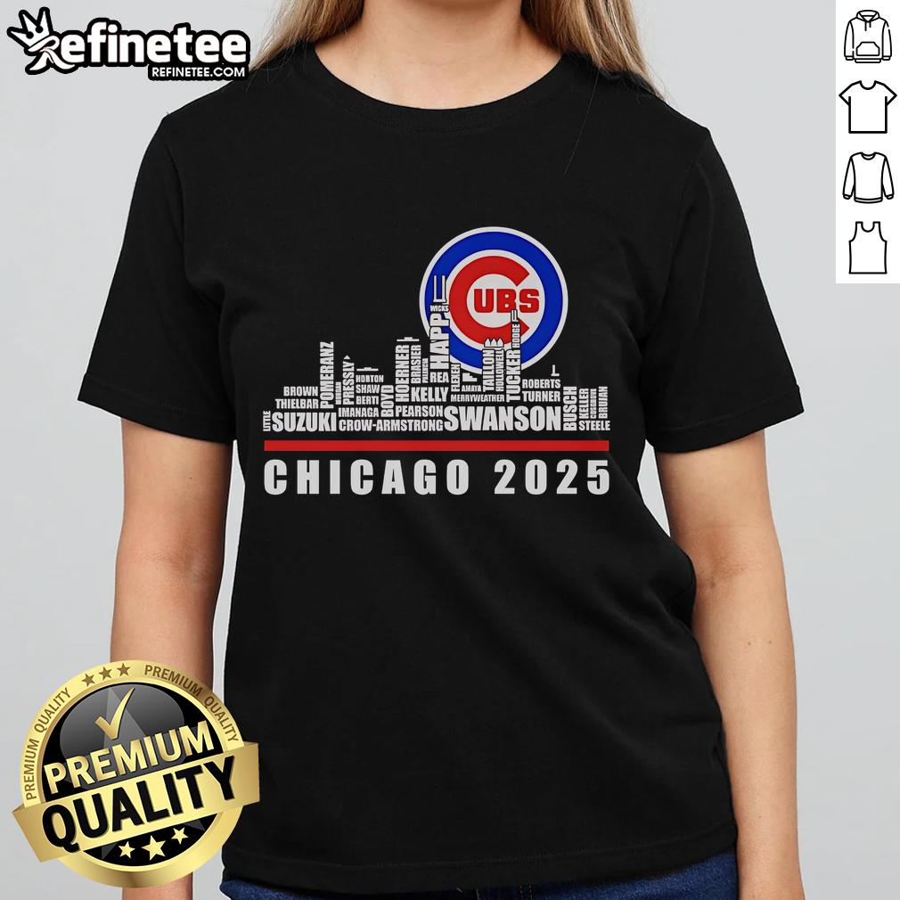 Official Chicago Cubs 2025 ladies tee featuring a stylish skyline design, perfect for fans and casual wear.